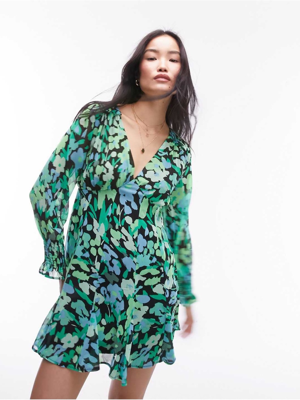 V-Neck Floral Long-Sleeve Mini Dress in Green